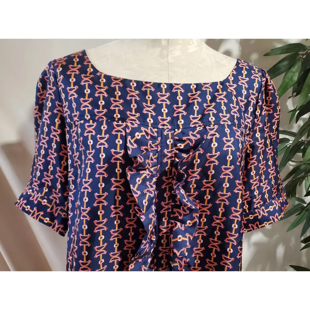 Lilly Pulitzer Lil Bit Equestrian Print Silk Ruffle Blouse Sz 14 Blue Pink Horse